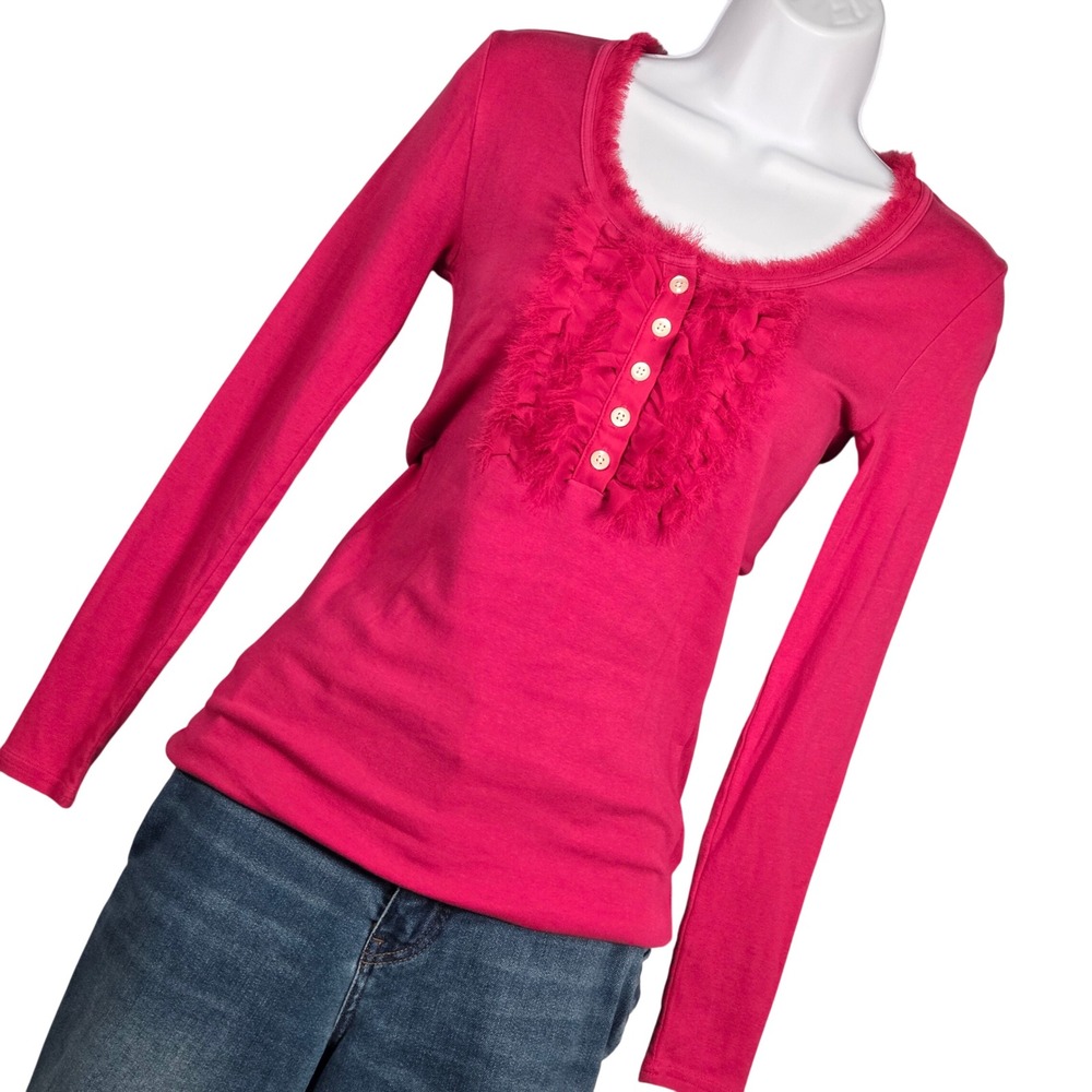 Banana Republic Y2K Long Sleeve Henley Ruffle Top Women Small Pink 2000s Cotton